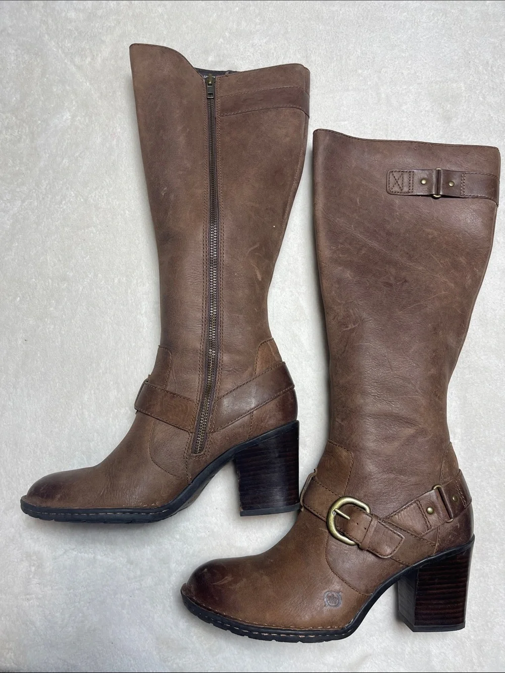 Born Natasha Brown Leather Knee-High Buckle Heel Riding Boots Size 8.5